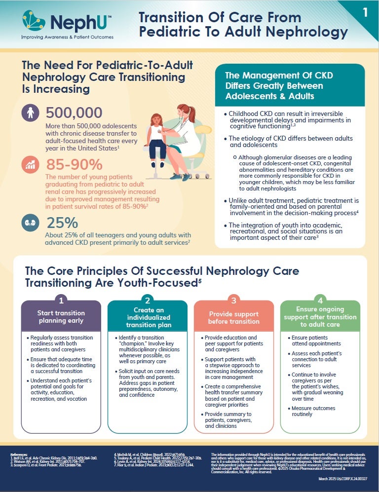Page one of Transition From Adult to Pediatric Nephrology Care infographic